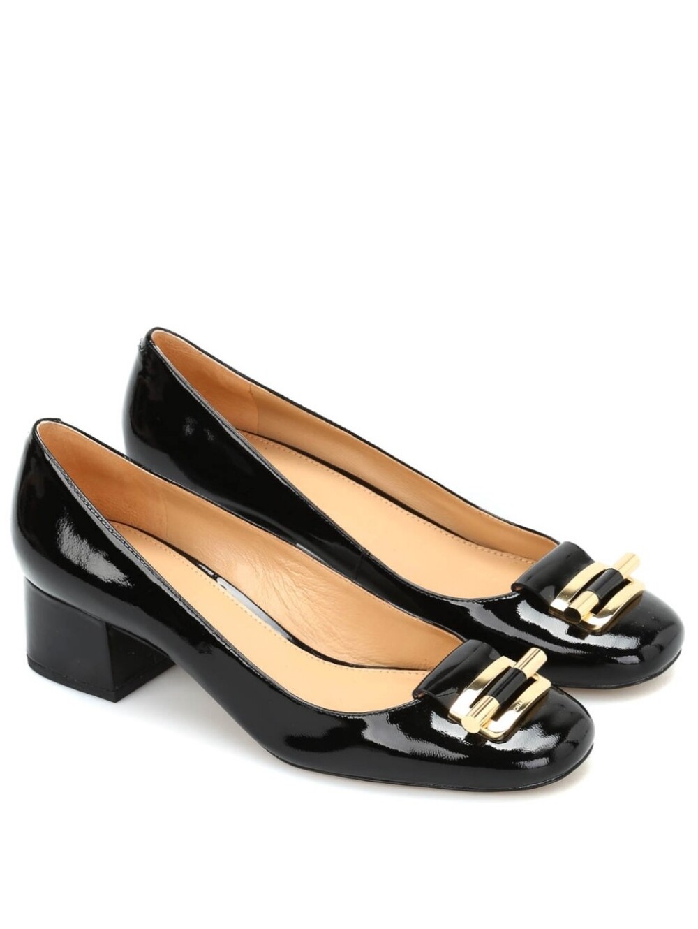 Michael Kors Black Patent Leather Gold Buckle Block Heel Pumps Sz. 7